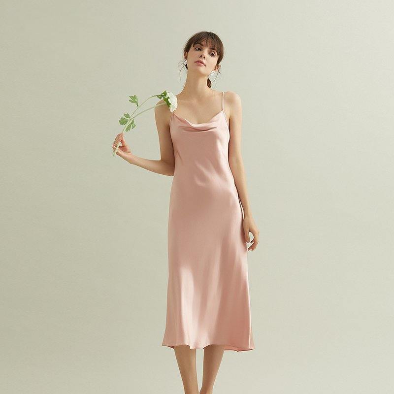 Modest Pure Long Silk Nightgown For Women Pink Silk Nightgown