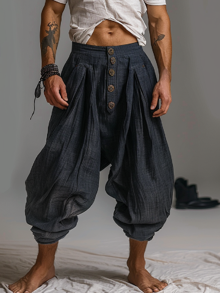 Men's Retro Casual Cotton and Linen Loose Pocket Harem Pants