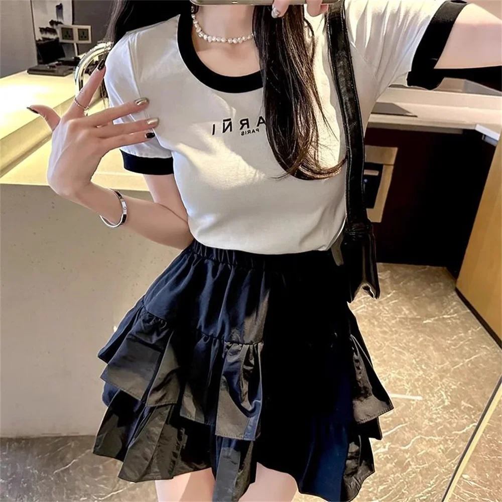 Sobwheels Girls' sweet Cake Skirt Women Streetwear 2XL Black White French Style Summer Elastic Waist Mini Skirt School Ruffles Short Skirt