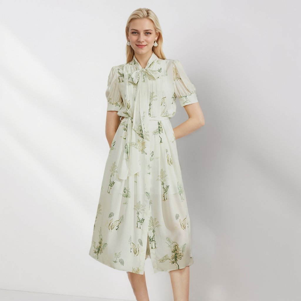 Spring-inspired Silk Dress with Tie-neck for Spring Outings REAL SILK LIFE