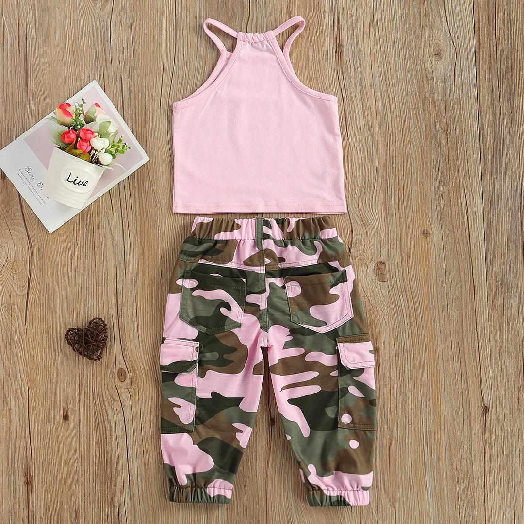 Infant Kids Baby Girl&rsquo;s 2Pcs Clothes Set, Sleeveless Letter Printed High Neck Halter Tops with Camouflage Printed Long Pants