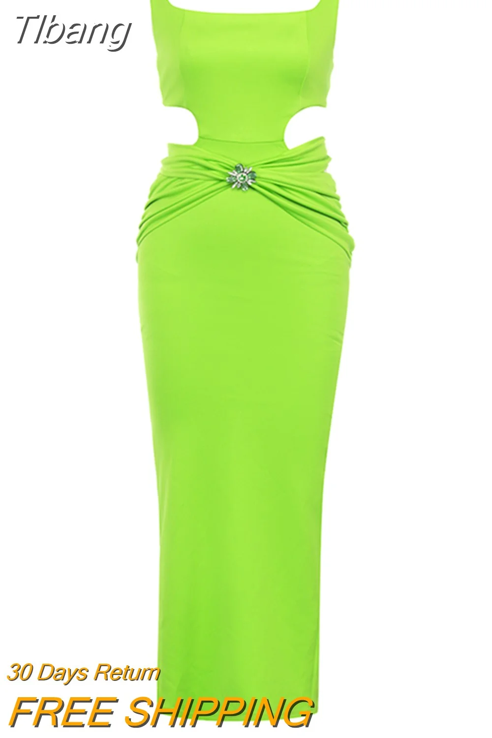 Tlbang Sleeveless Waist Hollow Out Long Dress Women Green Square Collar Straps Backless Bodycon Maxi Dress Party Club Dresses