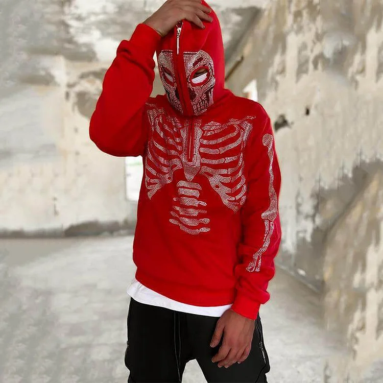 Skeleton Rhinestone Men's Oversized  Full Zip Up Hoodie Long Sleeve Skull Sweatshirts at Hiphopee