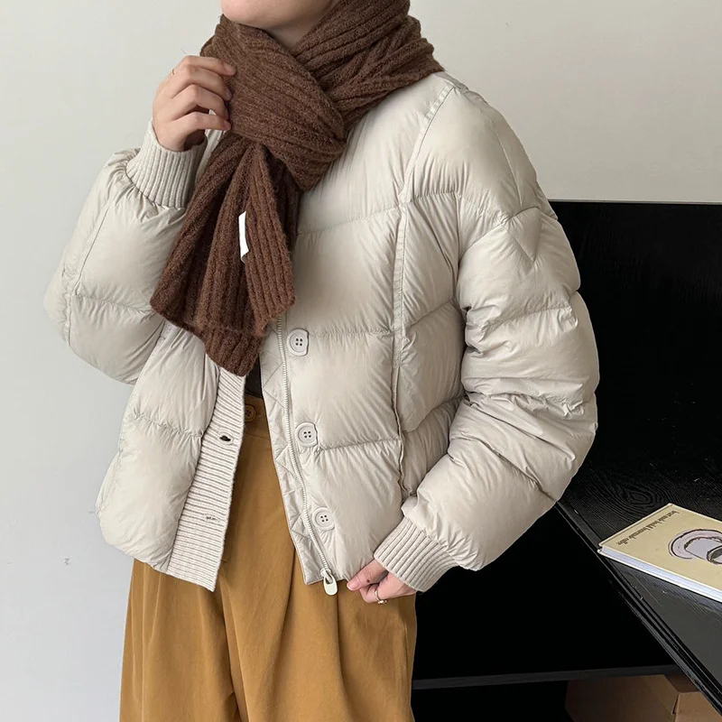 Woherb Baseball Collar 90 White Duck Down Down Jacket Women's Short 2024 Winter Fashion Knit Stitching Puffs Feel Bread Clothes Tide-Outfit Ideas