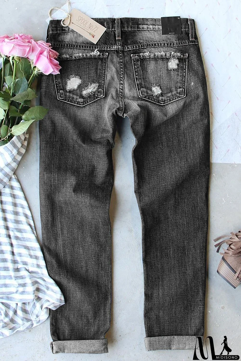 MidiSono - Spooky Pumpkin Graphic Contrast Distressed Jeans