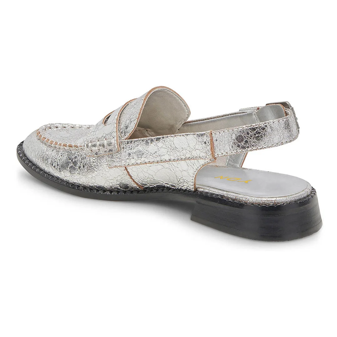Round Toe Distressed Vegan Leather Flat Slingback Loafers in Silver