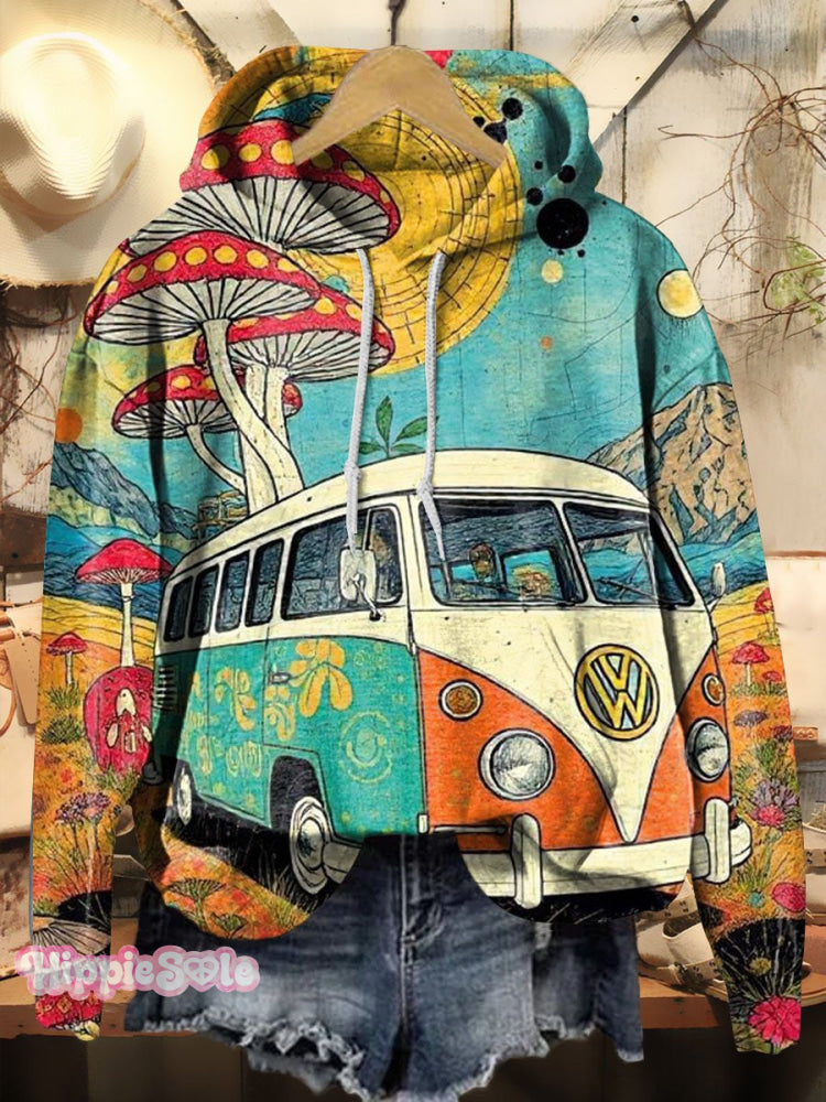 Vintage Hippie Trip & Van Art Print Casual Hoodie Sweatshirt Multicolor / S