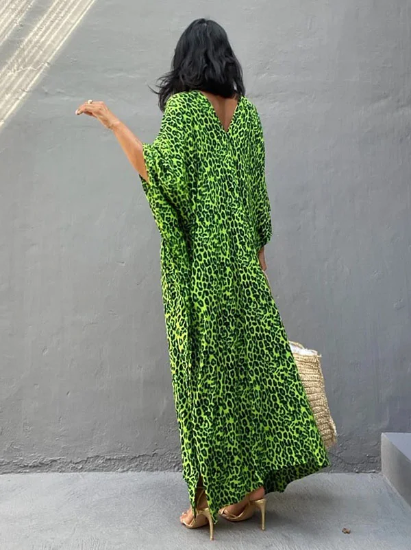 Elegance Meets Wild: Green Leopard V-Neck Maxi Dress