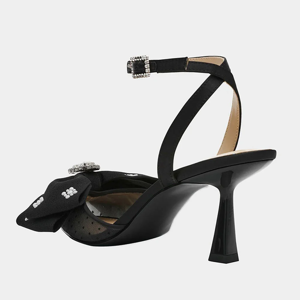 Pointed Toe Flared Heel Ankle Strap Pearl Rhinestone Bow Black Pumps