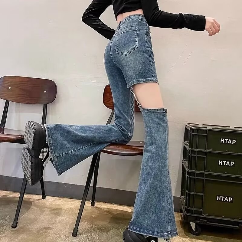 Detachable Metal Chain Hollow Out Jeans High Waist Slim Fit Flared Pants 2025 Spring Autumn New Fashionable Sexy Women's Pants