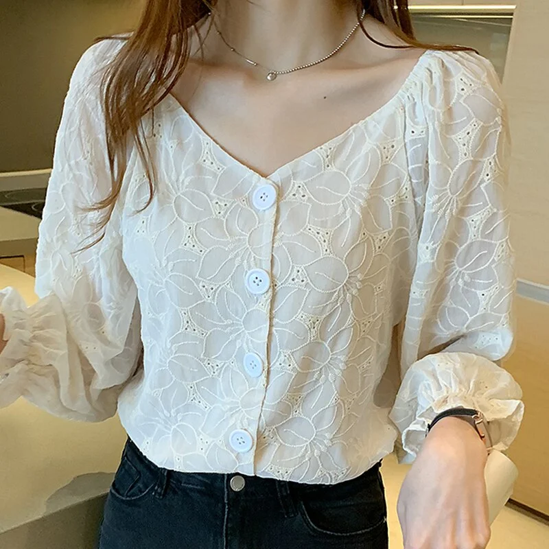 Blouse Women Blusas Mujer De Moda 2023 Long Sleeve White Blouse Shirt V-Neck Chffon Blouse Blusa Womens Tops And Blouses D847