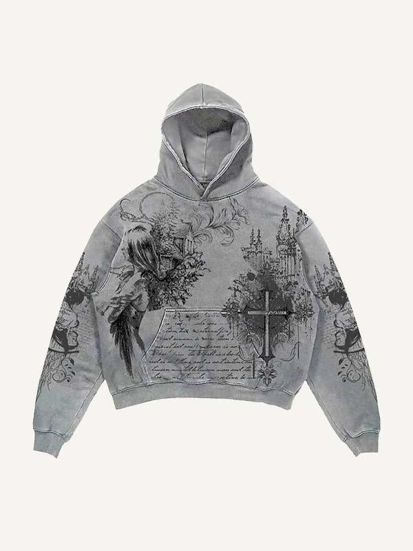 Figure&Cross Graphic Print Slant Pockets Hoodie