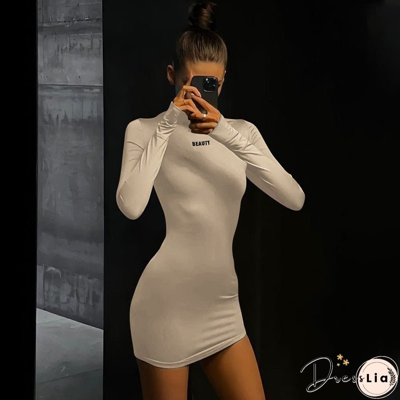 New Spring Summer Causal Outdoor Style Long Sleeve Pullover Lettering Print Mini Bodycon Dress