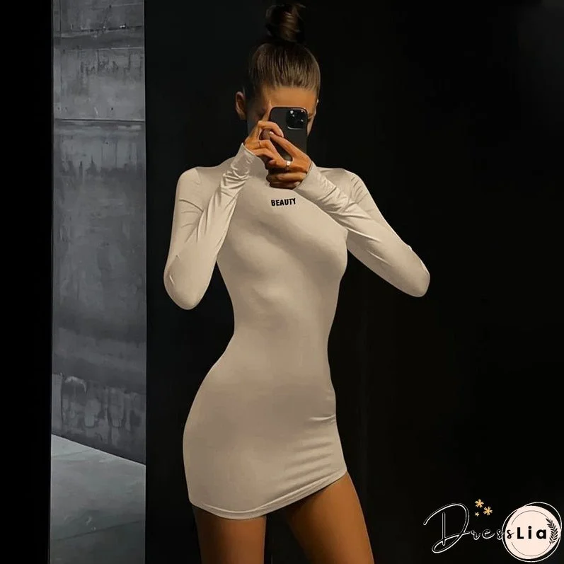 New Spring Summer Causal Outdoor Style Long Sleeve Pullover Lettering Print Mini Bodycon Dress