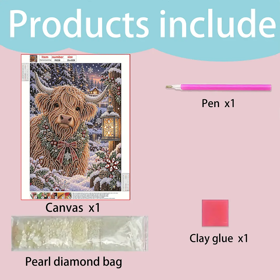 Pearl Diamond Painting Kit Scottish Scotland Celtic Cow Christmas 11.81x15.75in
