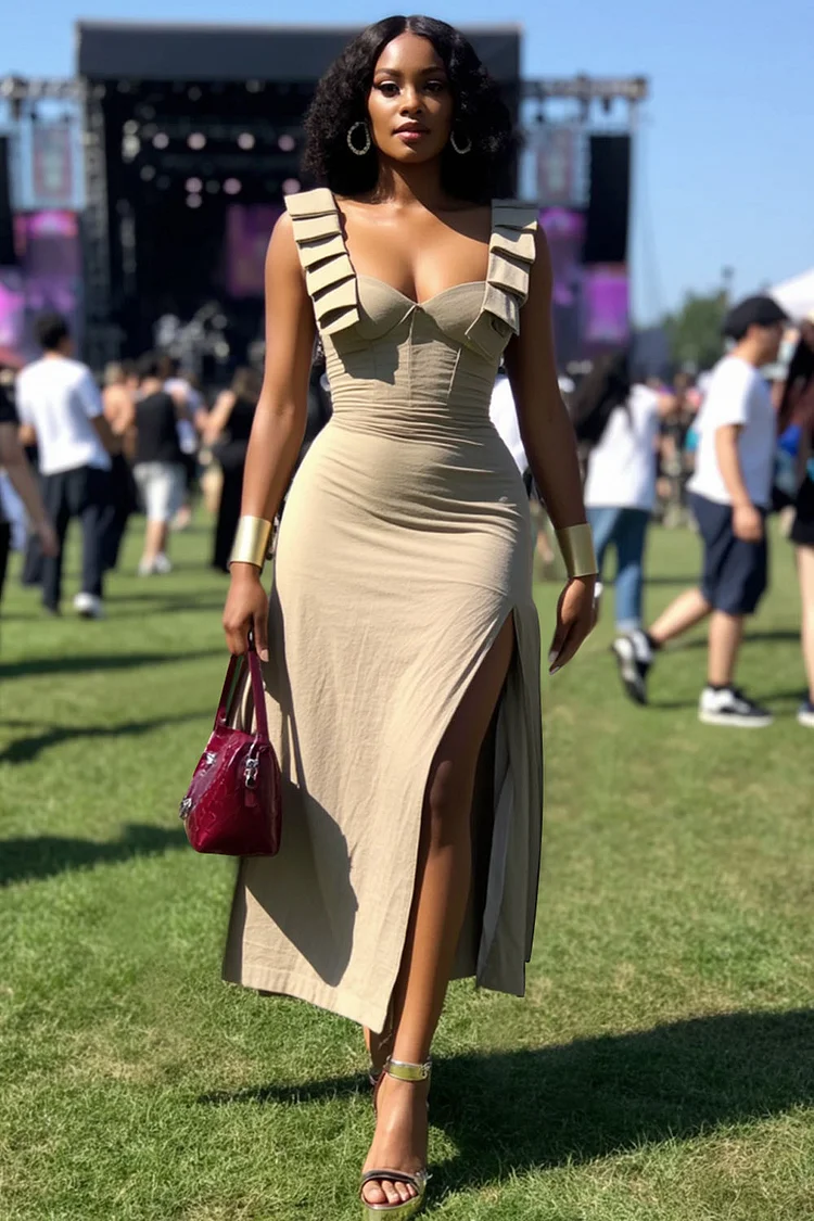 Folded Strap Slim-Fit Slit Solid EDM Party Maxi Dresses-Khaki [Pre Order]