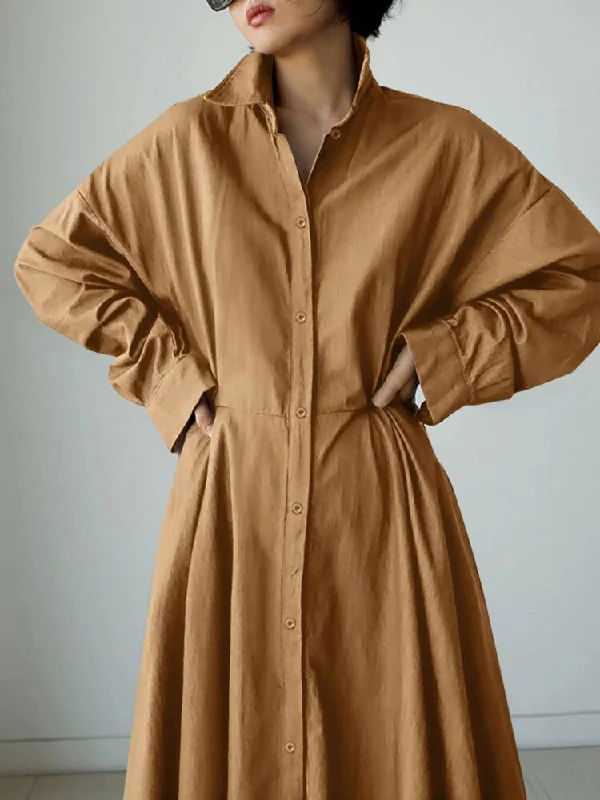 Minimalist Pure Color Lapel Long Sleeves Belted Long Dress