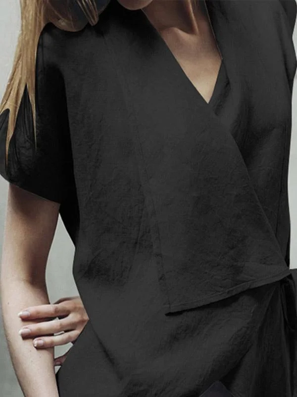 Women's V-neck Irregular Short Sleeve Cotton Linen Top-Mayoulove