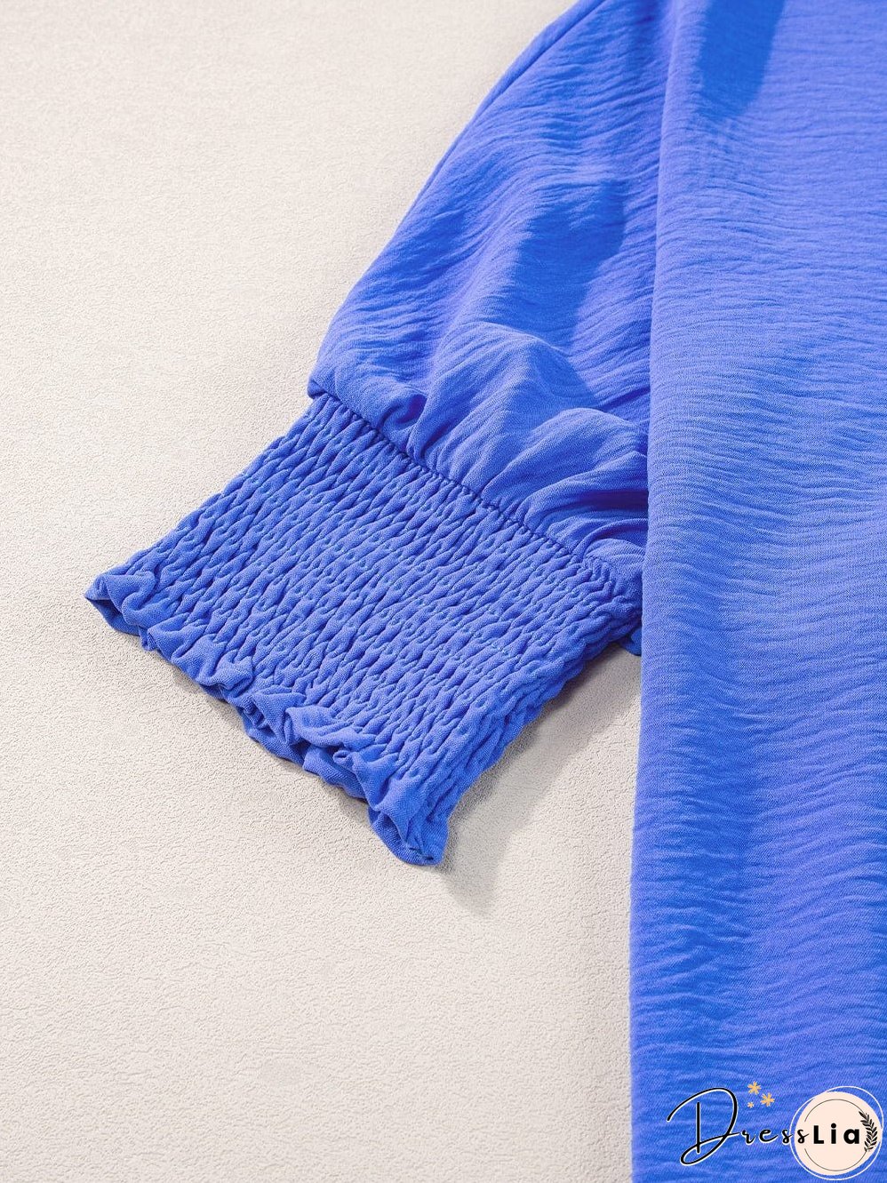 Navy Blue Collared Smocked Sleeve Cuffs Loose Fit Blouse