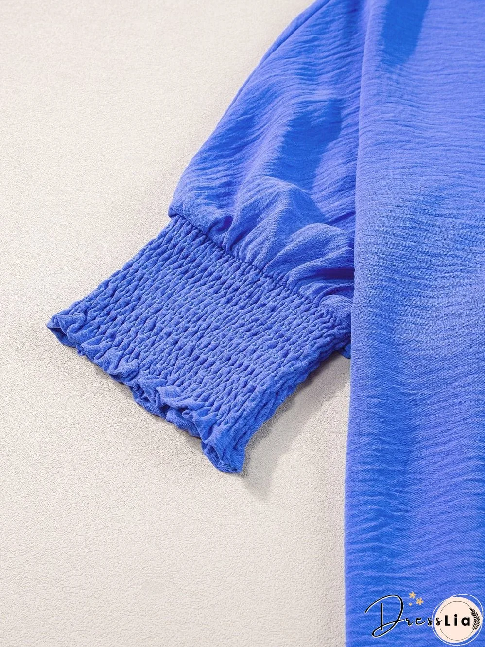 Navy Blue Collared Smocked Sleeve Cuffs Loose Fit Blouse