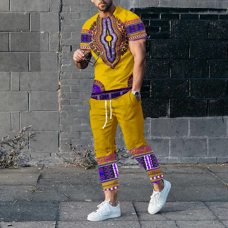 BrosWear Men's African Totem T-Shirt And Pants Co-Ord In Yellow