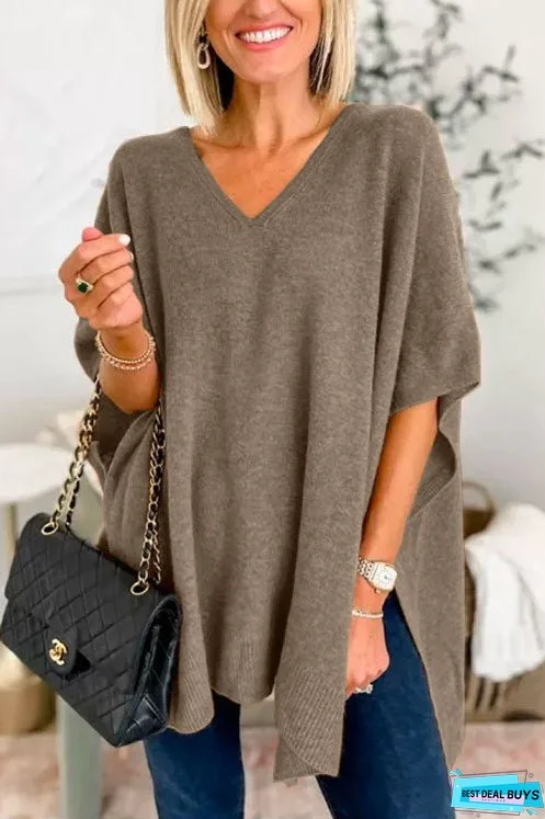 Chicest V Neck Loose Fit Solid Poncho Sweater