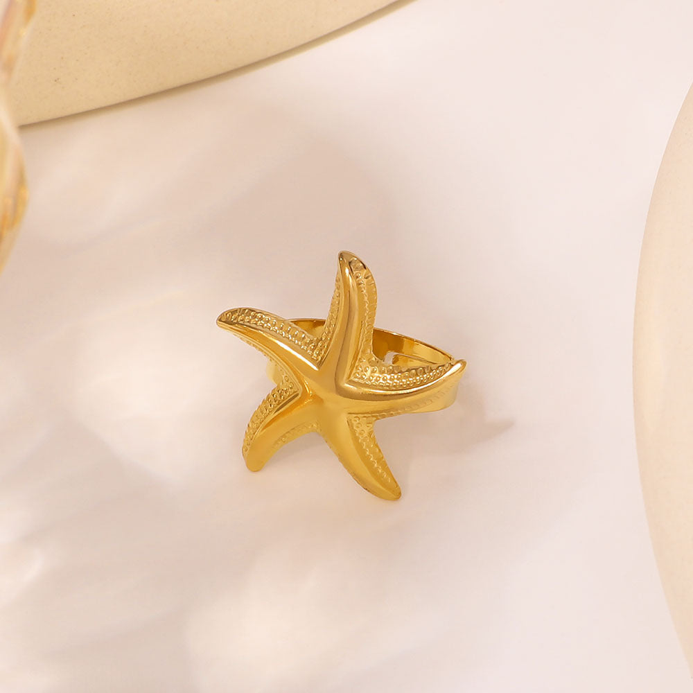 Fashion Starfish Beach Ocean Trend Stainless Steel Open Ring Five-Pointed Star 18K Gold Ring Female