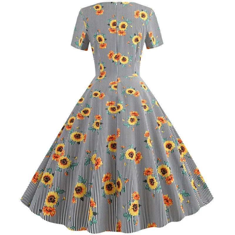 New Summer Striped Floral Print Vintage Midi Dress Women Elegant V Neck Short Sleeve Party Vestidos Slim Casual Sundress Robe