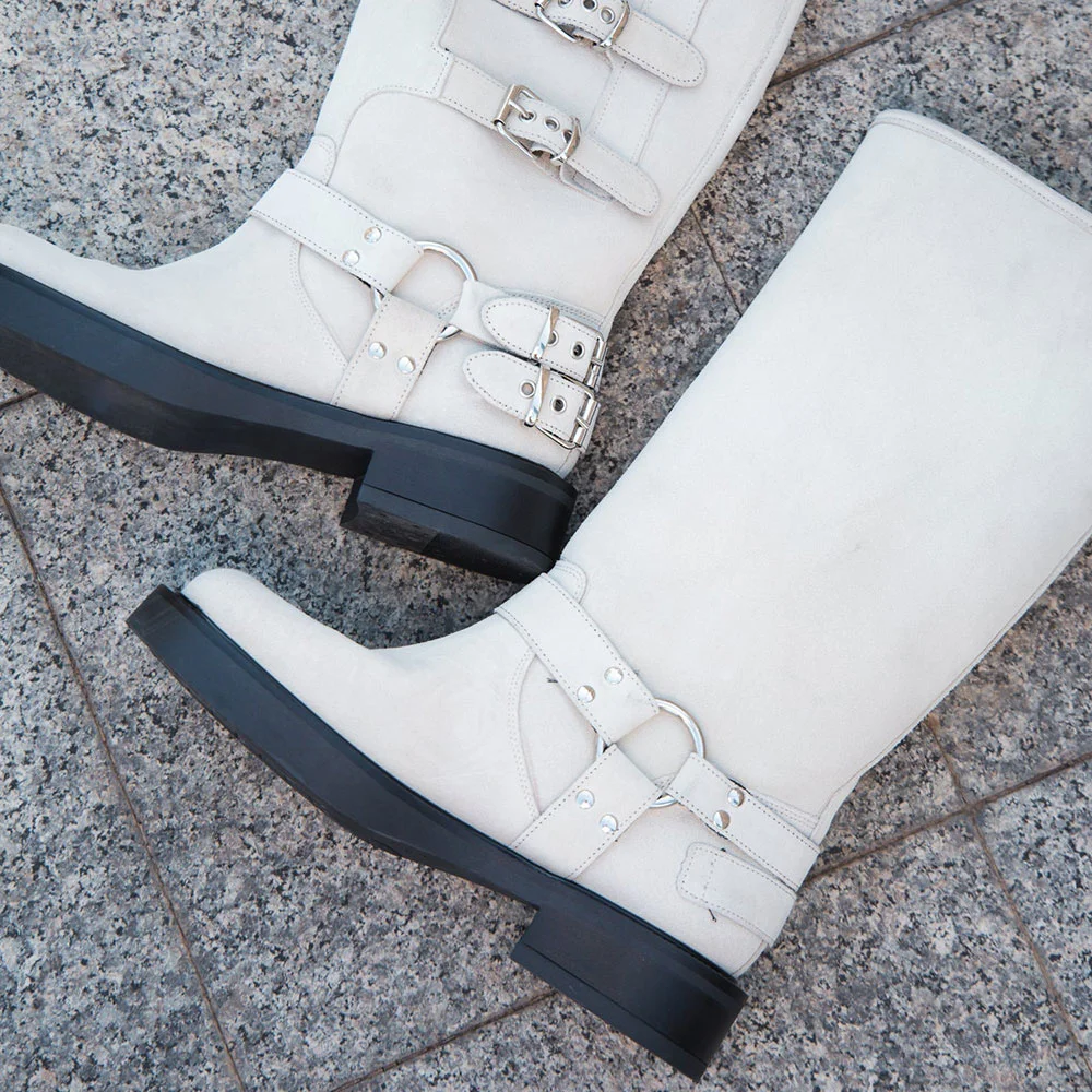 Buckle Strap Motorcycle Shoes Chunky Heel Mid-Calf Boots in White