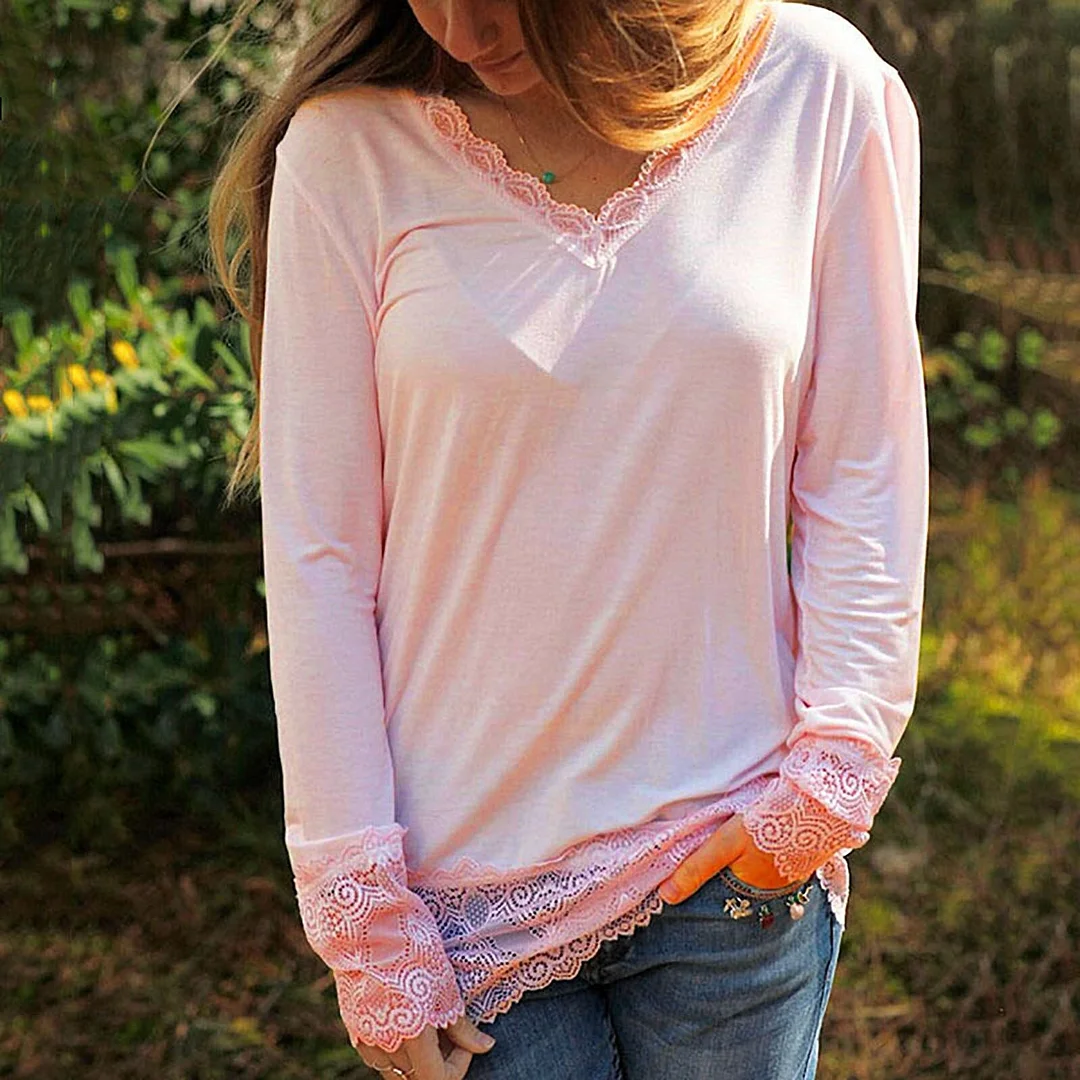 Plus Size Fashion Lace Tunic Blouse Shirt Sexy V-Neck Tops Winter Tee Casual Ladies Top Female Women Long Sleeve Blusas Pullover