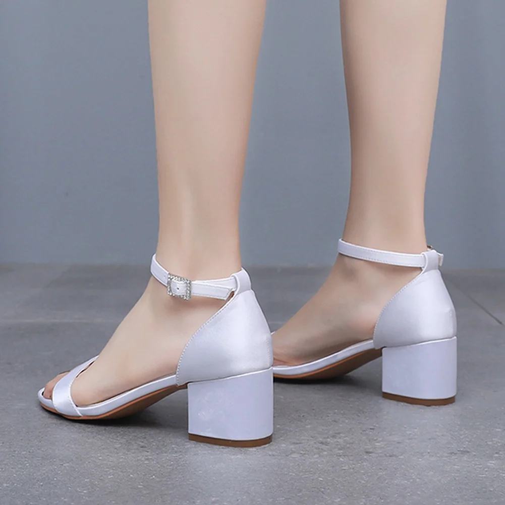 Breakj Breakj Cm Square Heel Sandals Shallow Mouth With Buckle Sandals Ivory White Silk Satin Cloth Bride White Sandals Woman