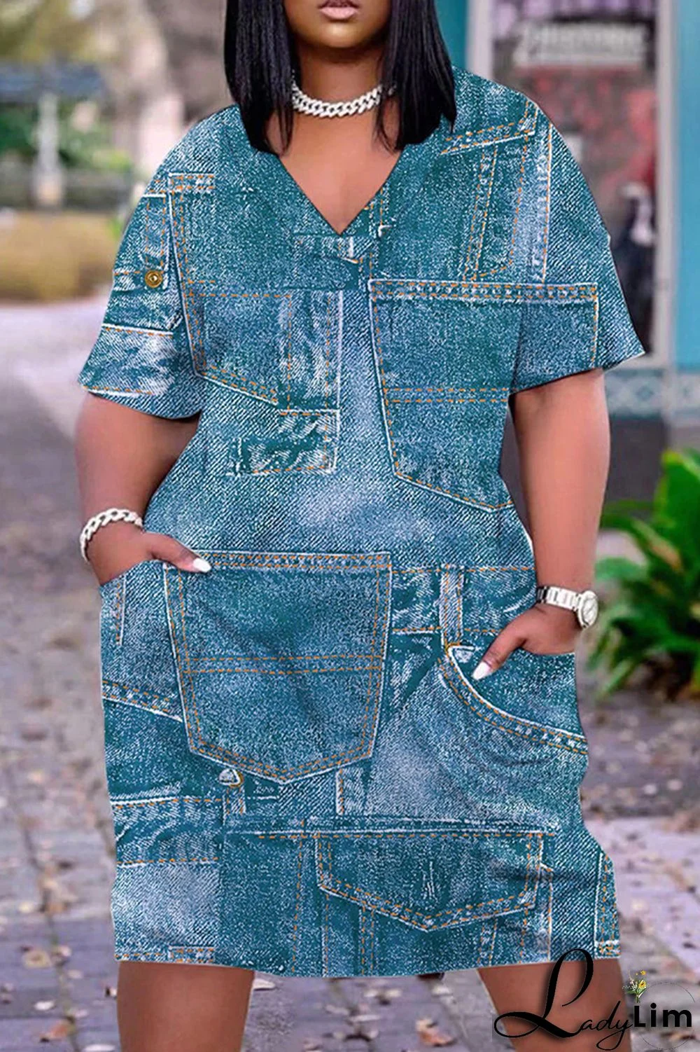 Orange Green Casual Print Patchwork V Neck Short Sleeve Dress