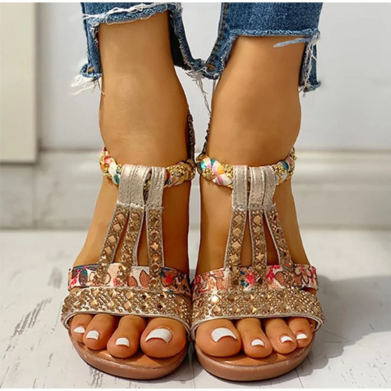 Women's Sandals Summer Bohemia Platform Wedges Shoes Crystal Gladiator Rome Woman Beach Shoes Casual Elastic Band Female