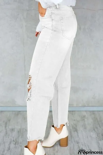 Distressed Raw Hem Jeans with Pockets