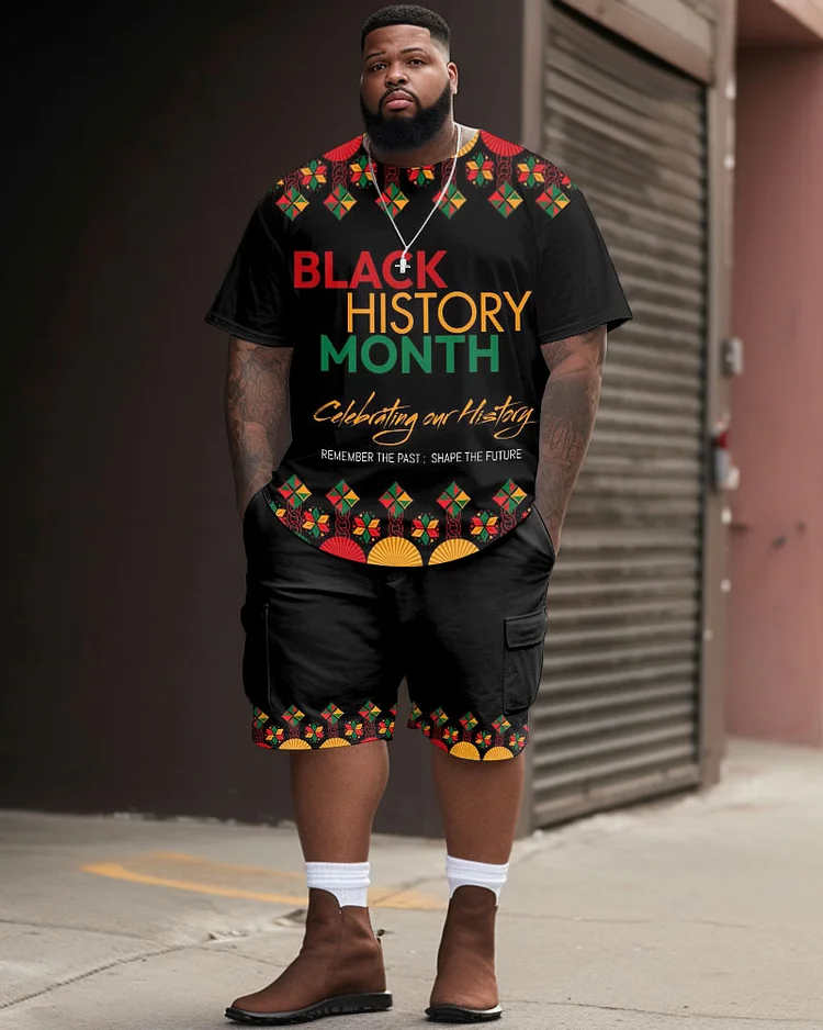 Men's Plus Size Street Diamond Plaid Graffiti Black History Month Short Sleeve Shorts Set