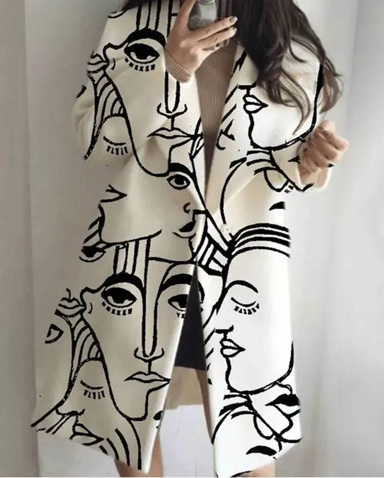 Brownm Autumn Long Sleeve Collar Printed Woolen Coats