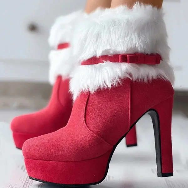 Red Platform Faux Suede Heels Round Toe Furry Shoes Winter Ankle Booties Nicepairs