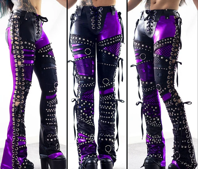 BLACK/PURPLE LACE UP BOOTCUT PANTS