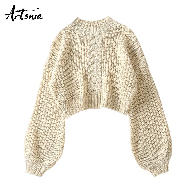 Artsnie Winter Turtleneck Sweater Women Lantern Sleeve Warm Pull Femme Hiver Sweet Red Knitted Cropped Sweaters Jumper Female