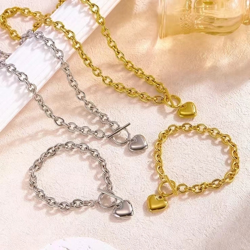 Casual Minimalist Classic Style Heart Shape Titanium Steel 18K Gold Plated Bracelets Necklace