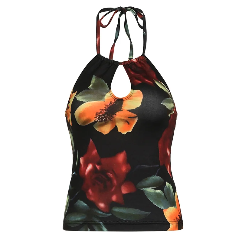 Ueong Girls Retro Plant Flower Printing Water Droplet Hollowed-Out Neck Top Slim Sexy Knitted Suspenders Small Vest