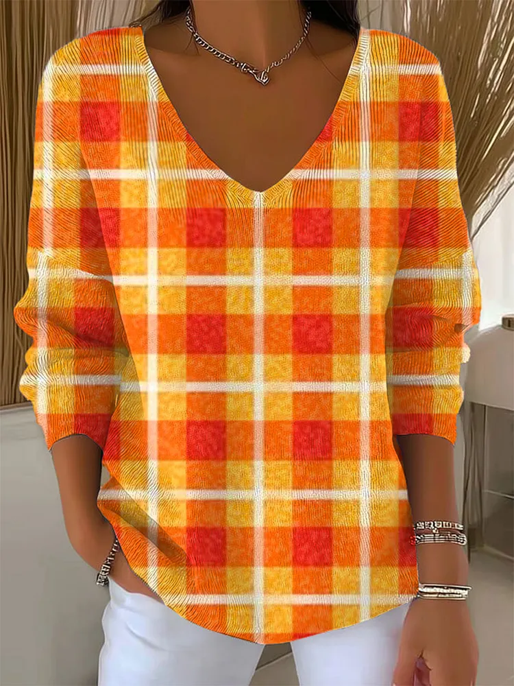 Women's Vintage Abstract Plaid Art Print Casual Pullover Sweater