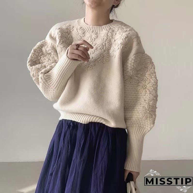 Thanksgiving Gift Vintage Daisy Embroidery Sweaters Women Korean Style Loose Lantern Sleeves Knit Pullovers Female Autumn Winter Thick Warm Jumper