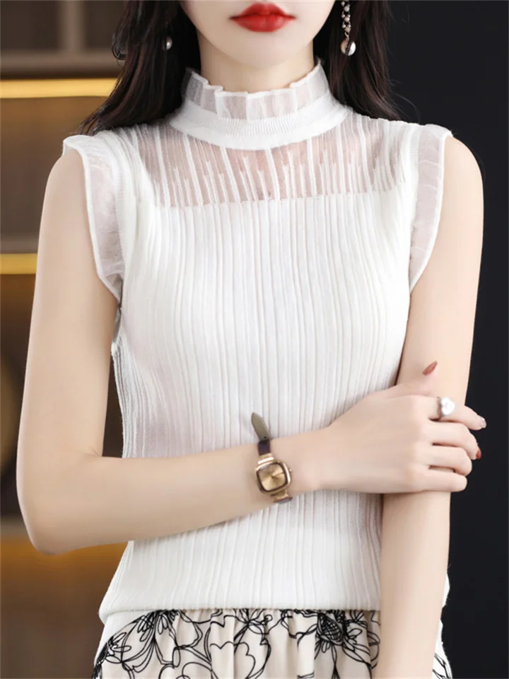 Worsted Solid Color Wool Half High Collar Lace Splicing Undershirt Female New Sleeveless Bottoming Shirt Hollow Suspenders Knitwear