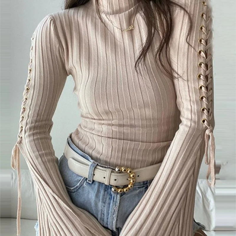 Toloer Elegant Lace Up Rib Knit Bodysuits for Women Fashion Outfits Flare Sleeve Casual Bodysuits Slim Top Autumn 2022