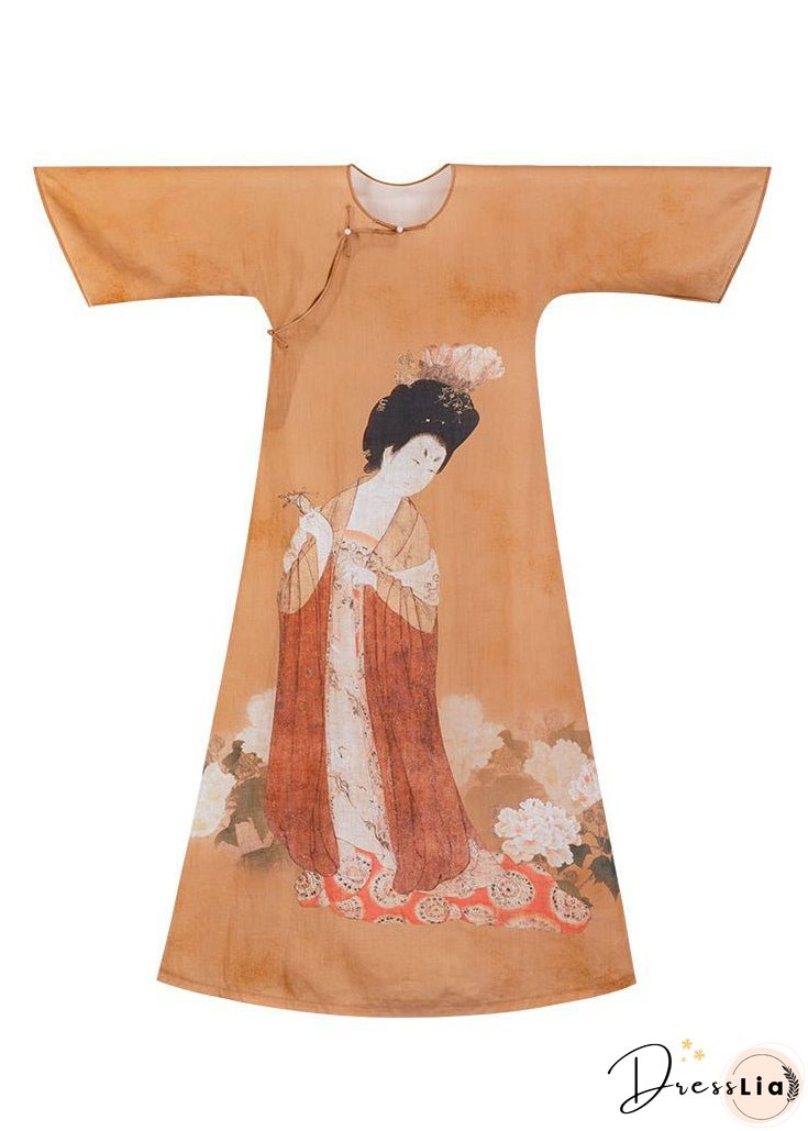 New Orange Button Print Cotton Maxi Dresses Bracelet Sleeve