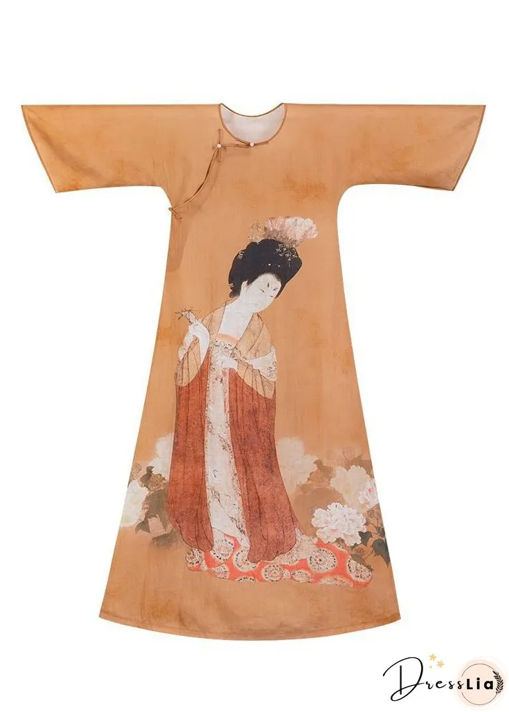 New Orange Button Print Cotton Maxi Dresses Bracelet Sleeve
