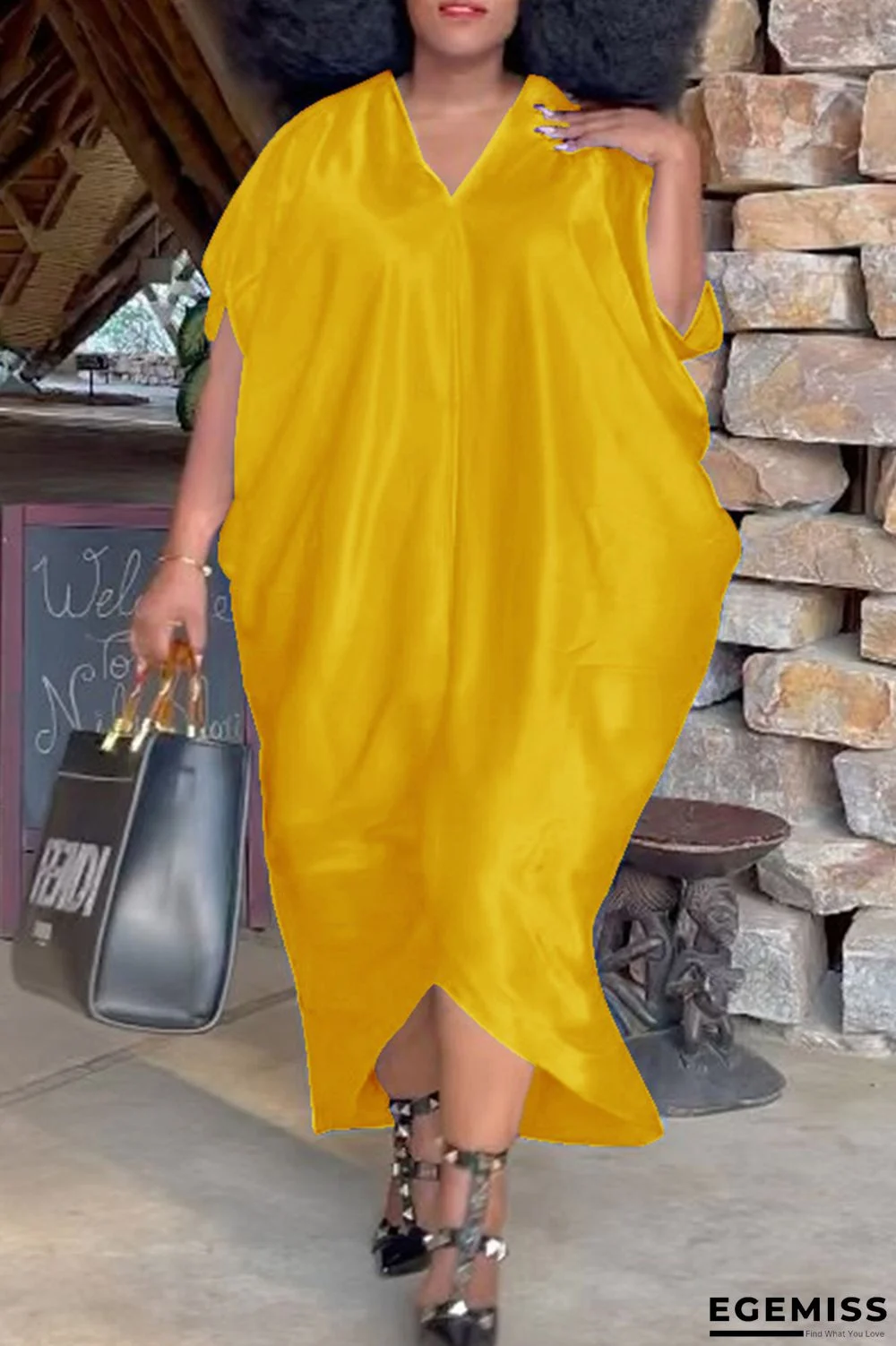 Yellow Fashion Casual Plus Size Solid Asymmetrical V Neck Short Sleeve Dress | EGEMISS