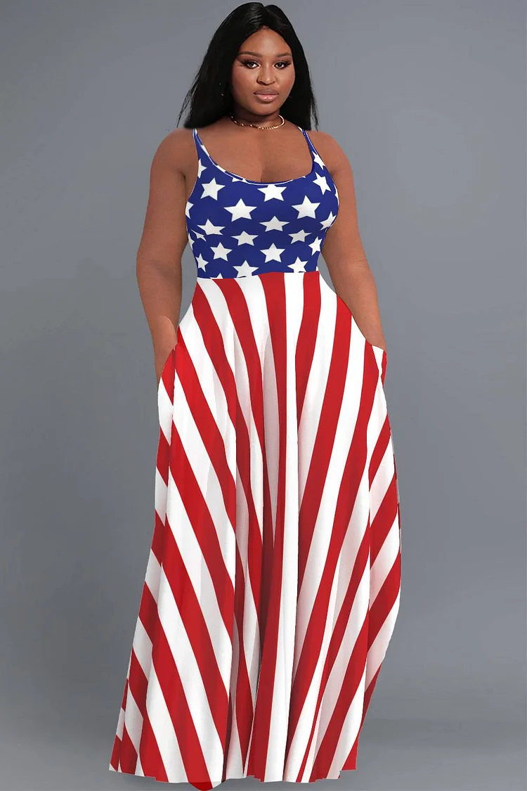 Xpluswear Design Plus Size Casual Multicolor Flag Stars Striped Print U Neck Cami With Pockets Maxi Dresses [Pre-Order]
