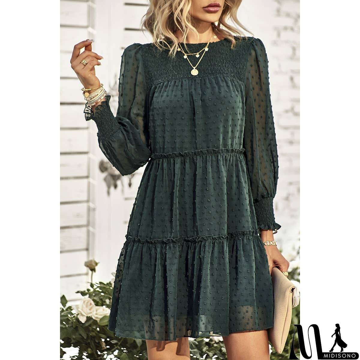 MidiSono - Dot Solid Ruched Color Block Ruffle Lined Midi Dress